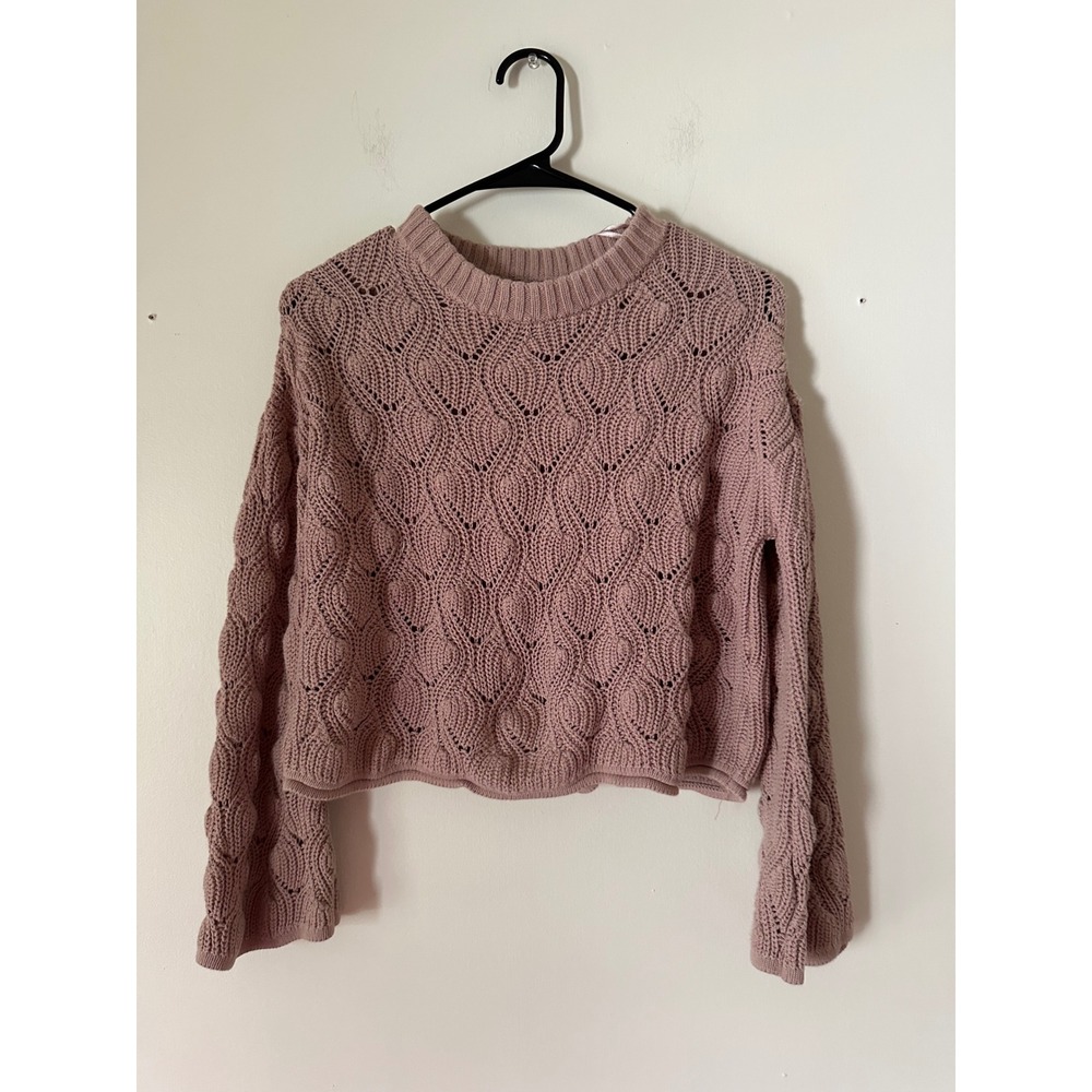 Moon & Madison Mauve Pink Cropped Pointelle Cable Knit Cotton Sweater Womens S